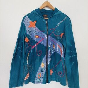 Rising International Teal Embroidered Zip Up Hoodie‎ Cotton Size XXL